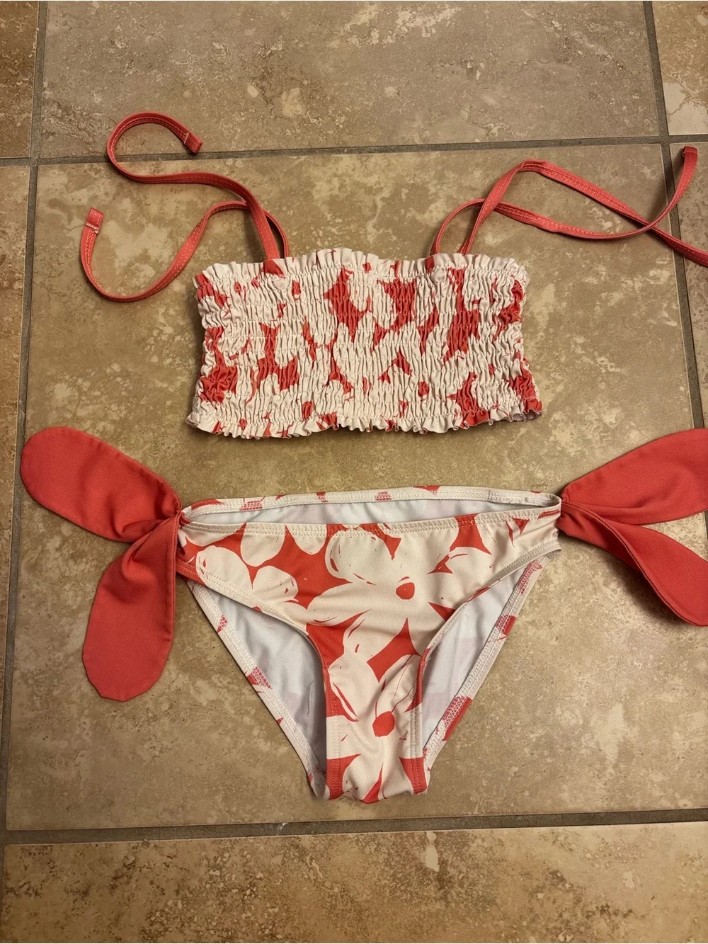 Girls Coral Pink Floral Tie-Side Bikini Set